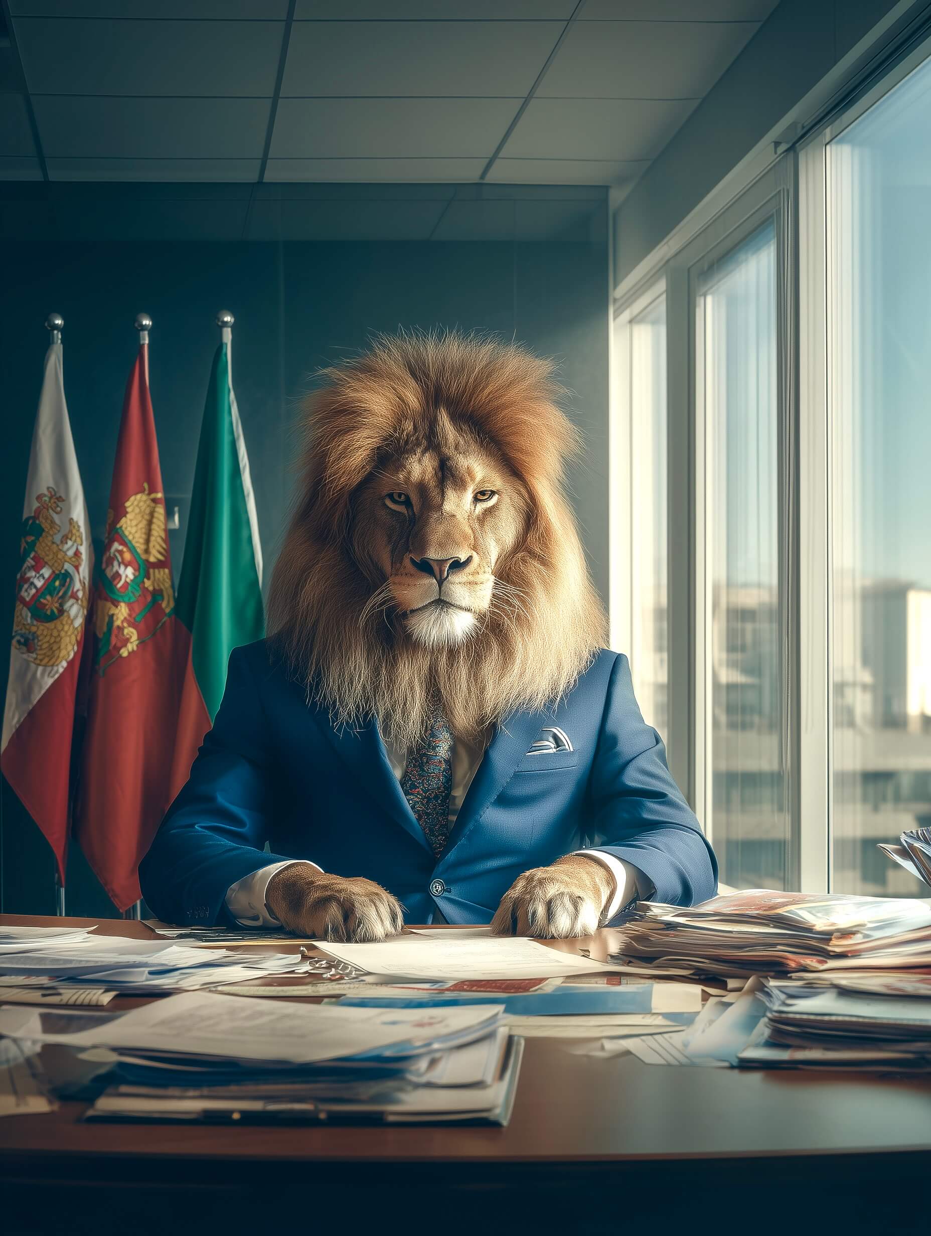 lion sitting at the desk